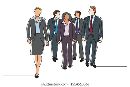 continuous line drawing of business team walking together discussing work