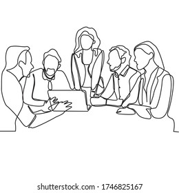 continuous line drawing of  business team concept discussing and celebrating success in the project. Business people having discussion in conference room isolated on white background.