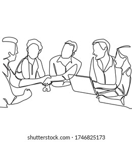 continuous line drawing of  business team concept discussing and celebrating success in the project. Business people having discussion in conference room isolated on white background.