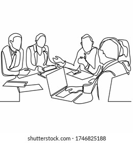 continuous line drawing of  business team concept discussing and celebrating success in the project. Business people having discussion in conference room isolated on white background.