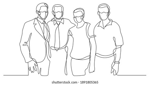dibujo de línea continua del equipo de negocios con máscaras faciales