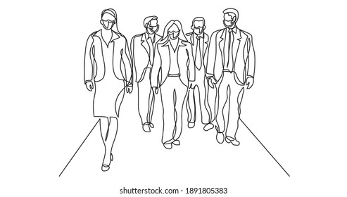 continuous line drawing of business team wearing face masks walking in corridor
