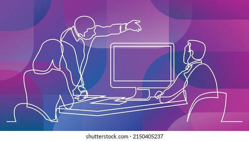 continuous line drawing of business team members discussing work process on big screen