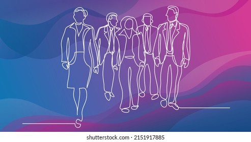 continuous line drawing of business team walking together discussing work