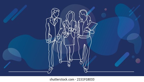 continuous line drawing of business team walking together discussing work