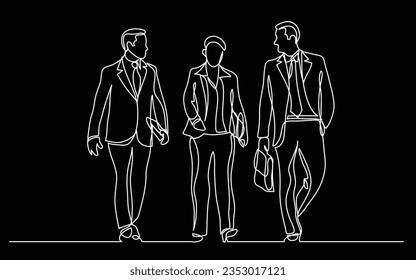 continuous line drawing of business team walking together discussing work