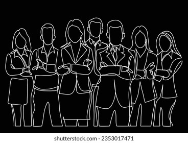 continuous line drawing of business team standing with crossed arms