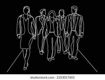 continuous line drawing of business team walking in corridor
