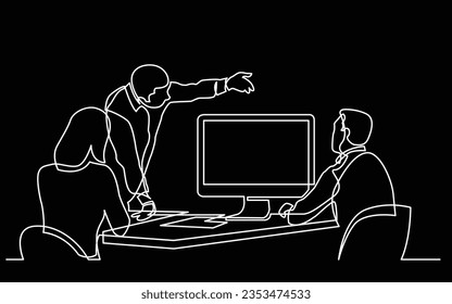 continuous line drawing of business team members discussing work process on big screen