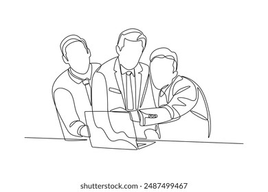 Dibujo continuo de la línea del equipo del negocio que trabaja juntos, discutiendo negocio. Reunión de colegas. Coworking, concepto de trabajo en equipo