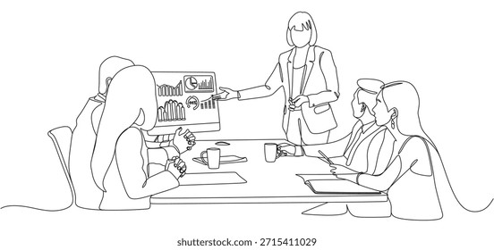 Dibujo continuo de líneas de reunión del Equipo de negocios y presentación de datos en la oficina