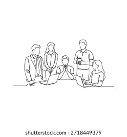 A continuous line drawing of a business team meeting at a table