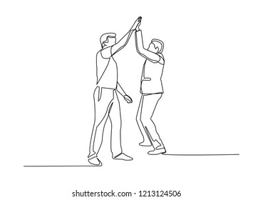 Continuous line, drawing of Business Teamwork success. high fiving vector 
