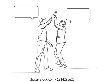 Continuous line, drawing of Business Teamwork success. high fiving vector /with dialog speech bubbles