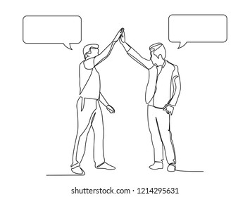 Continuous line, drawing of Business Teamwork success. high fiving vector /with dialog speech bubbles