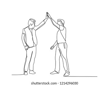 Continuous line, drawing of Business Teamwork success. high fiving vector