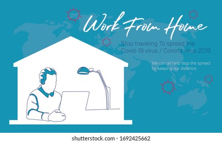 Continuous line, drawing business  using a laptop a hand drawn style illustrations.Working at home to prevent virus infection
Working  at desks Vector illustration of students study