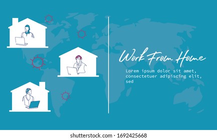 Continuous line, drawing business  using a laptop a hand drawn style illustrations.Working at home to prevent virus infection
Working  at desks Vector illustration of students study