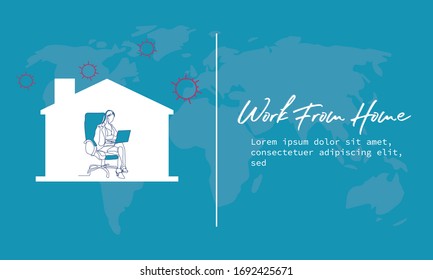 Continuous line, drawing business  using a laptop a hand drawn style illustrations.Working at home to prevent virus infection
Working  at desks Vector illustration of students study