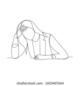 Continuous line drawing of business woman in depression, stressed, and despair. Vector illustration