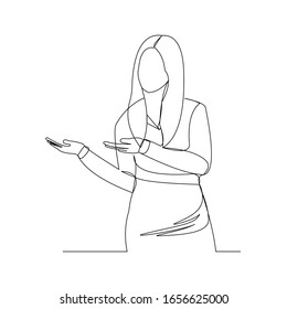 Continuous line drawing of business woman showing for something presentation. Vector illustration