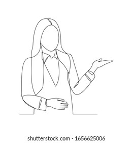 Continuous line drawing of business woman showing for something presentation. Vector illustration