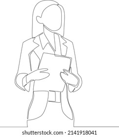 Continuous line drawing of   Business Woman Holding  paper to work in the office. Vector illustration.
