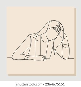 Continuous line drawing of business woman in depression, stressed, and despair. Vector illustration