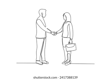 Continuous line drawing of business woman handshake her colleague to deal a project. Business meeting concept. Single line drawing, design vector illustration