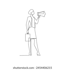 Continuous line drawing of business woman with megaphone. Hand drawn style in communication in business concept vector illustration design