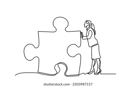 Continuous line drawing Business woman pushing puzzle elements. women are connecting pieces of puzzle elements. Teamwork concept