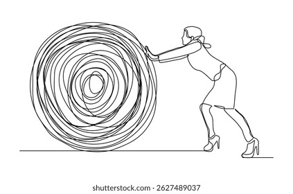 continuous line drawing of business woman push stone rock obstacle sketch editable stroke vector illustration