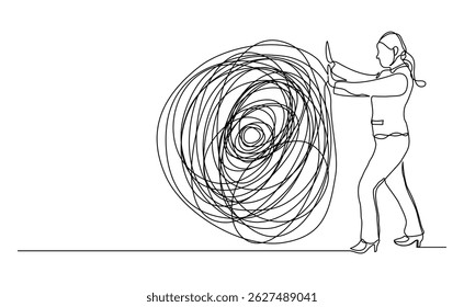 continuous line drawing of business woman push stone rock obstacle sketch editable stroke vector illustration