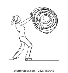 continuous line drawing of business woman push stone rock obstacle sketch editable stroke vector illustration
