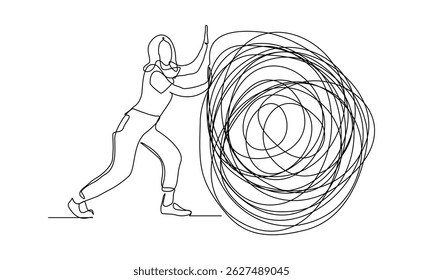continuous line drawing of business woman push stone rock obstacle sketch editable stroke vector illustration