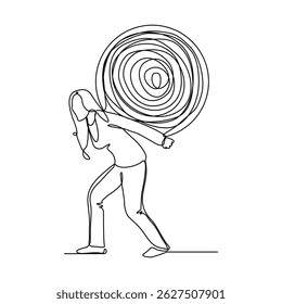 continuous line drawing of business woman carry stone rock obstacle burden load expenses sketch editable stroke vector illustration