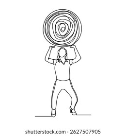 continuous line drawing of business woman carry stone rock obstacle burden load expenses sketch editable stroke vector illustration