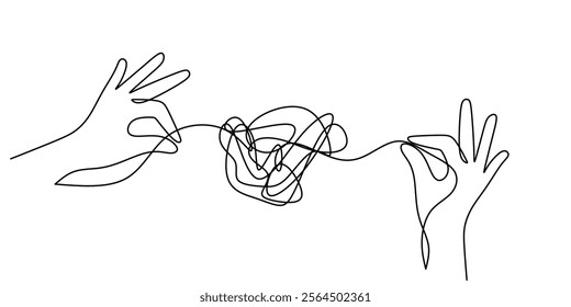 Continuous line drawing of a businessman attempting to untangle a knotted rope, symbolizing the complexity of business and financial challenges. Vector illustration hand drawn.