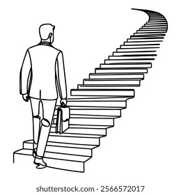 Continuous line drawing businessman with a briefcase in his hand stands at the beginning of the career ladder.