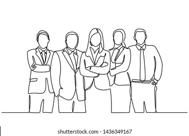 continuous line drawing of businessman and businesswoman standing. vector illustration isolated on white background. Vector template brochures, flyers, logo, print, banners. Vector