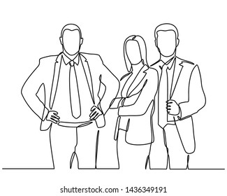 continuous line drawing of businessman and businesswoman standing. vector illustration isolated on white background. Vector template brochures, flyers, logo, print, banners. Vector