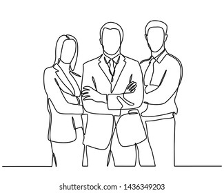 continuous line drawing of businessman and businesswoman standing. vector illustration isolated on white background. Vector template brochures, flyers, logo, print, banners. Vector