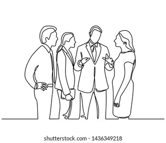 Continuous line drawing of businessman and businesswoman standing. business partners discussing documents and ideas at meeting. vector illustration isolated on white background.