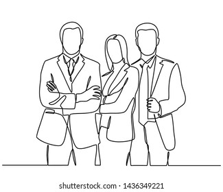 continuous line drawing of businessman and businesswoman standing. vector illustration isolated on white background. Vector template brochures, flyers, logo, print, banners. Vector