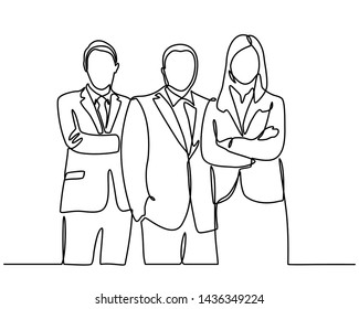 continuous line drawing of businessman and businesswoman standing. vector illustration isolated on white background. Vector template brochures, flyers, logo, print, banners. Vector