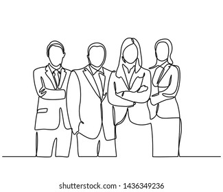 continuous line drawing of businessman and businesswoman standing. vector illustration isolated on white background. Vector template brochures, flyers, logo, print, banners. Vector