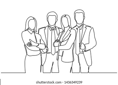 continuous line drawing of businessman and businesswoman standing. vector illustration isolated on white background. Vector template brochures, flyers, logo, print, banners. Vector