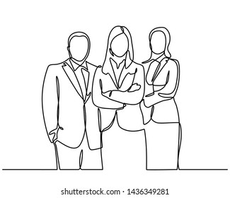 continuous line drawing of businessman and businesswoman standing. vector illustration isolated on white background. Vector template brochures, flyers, logo, print, banners. Vector