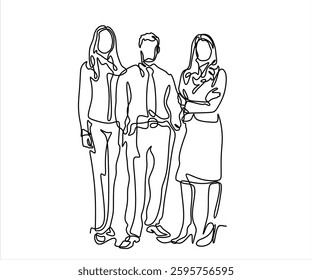 continuous line drawing of businessman and businesswoman standing. vector illustration isolated on white background. Vector template brochures, flyers, logo, print, banners. Vector