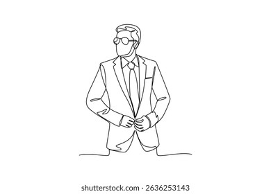 Continuous line drawing of businessman buttoning his jacket, elegant and minimalist design